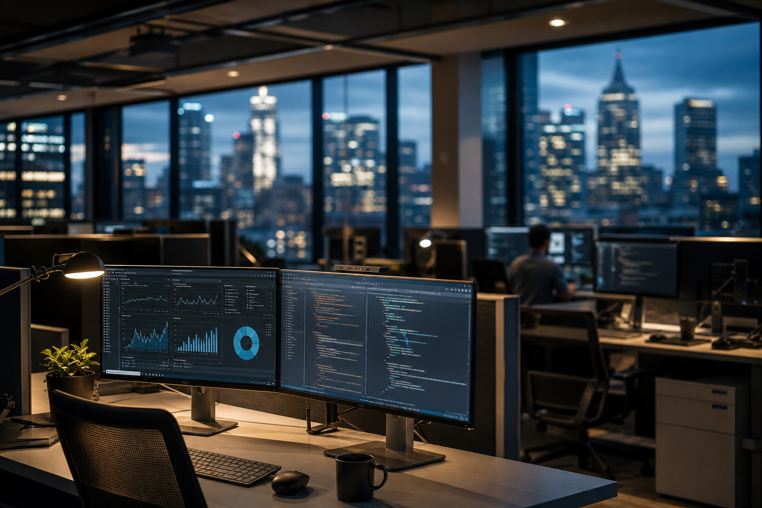 Software engineering floor with city views and product workstations